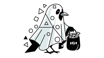 Spooky Halloween Raven: A whimsical illustration depicts a raven disguised as a ghost, carrying a bag of candies, embodying the playful spirit of the Halloween season.
