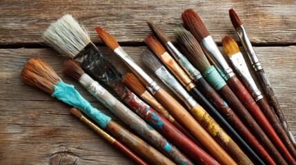 Fototapeta premium Several paintbrushes with varied bristle types lie on a rustic wooden table ready for painting. The arrangement highlights the tools used in artistic expressions and creativity.