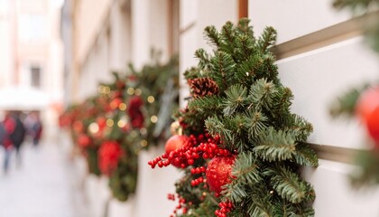 Christmas decorations on houses at the Christmas market in city. View of garlands, ornaments and fir branches