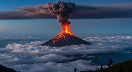 Volcanic eruption with billowing smoke against cloudy sky