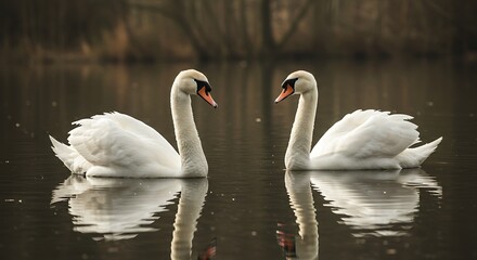 Obraz premium Two graceful white swans gliding on calm water with reflections in nature