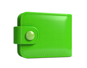 Glossy green wallet with button clasp, stitched edges, on black background