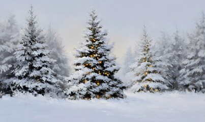 Fototapeta premium fir forest in winter, christmas lights on trees, soft light, oil painting, vintage style, white background,