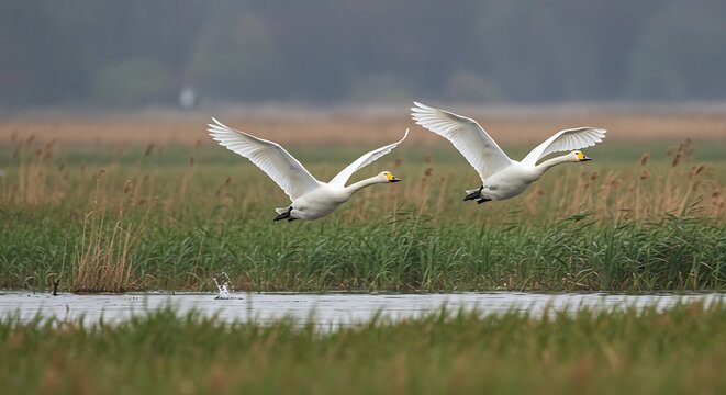 Two graceful swans in flight over water and reeds nature wildlife scene