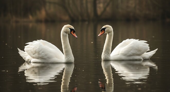 Two graceful white swans gliding on calm water with reflections in nature - Powered by Adobe