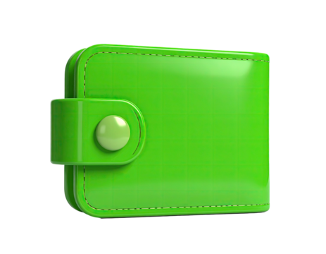 Glossy green wallet with button clasp, stitched edges, on black background