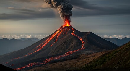 Volcanic eruption with lava flow and smoke against cloudy sky landscape