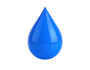 Shiny, isolated blue water droplet, rendered on black background, with highlight