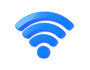 A glossy blue wifi symbol with radiating arcs, isolated on a black background