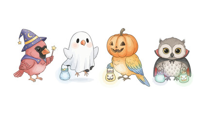 Halloween Parade of Enchanting Creatures: a whimsical and creative watercolor illustration of a Halloween themed parade. Featuring a cardinal wearing a wizard hat, a friendly ghost.