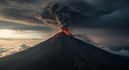 Volcanic eruption with smoke clouds and glowing lava against dramatic sky