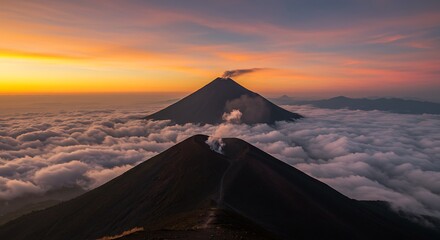 Volcanic peaks at sunset above clouds