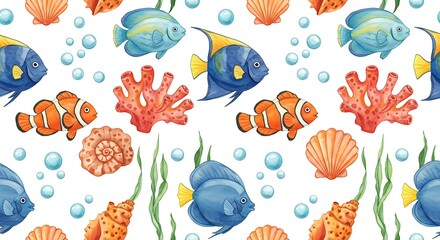 Naklejka premium Watercolor seamless pattern of fish coral seashells and bubbles on white