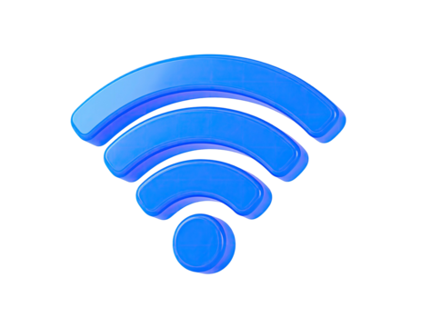 A glossy blue wifi symbol with radiating arcs, isolated on a black background
