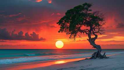 Dramatic Sunset Over A Tropical Beach With A Lone Tree Silhouetted Against Vibrant Orange And Red Sky