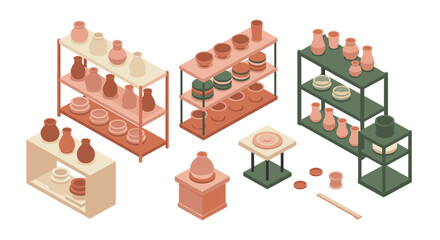 Isometric ceramic workshop with pottery on shelves and display tables