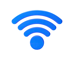 A glossy, blue wireless internet icon, with radiating arcs, against a black background