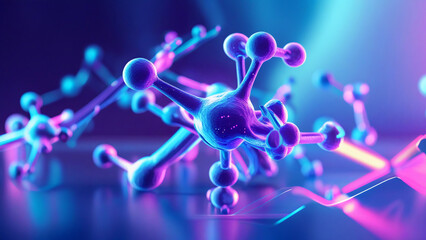 Abstract 3D Rendering Of Glowing Interconnected Molecules And Atoms In A Vibrant Neon Light Spectrum