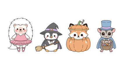 Whimsical Creatures for Halloween: A charming collection of adorable, illustrated creatures dressed in Halloween costumes, perfectly captures the spirit of spooky season.