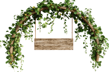 A wooden sign hangs from a curved archway, draped with lush greenery