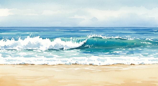 Watercolor seascape of ocean waves crashing on sandy beach under cloudy sky