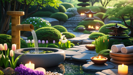 Tranquil Japanese Zen Garden With Water Feature Lanterns Candles And Spa Elements Evokes Serenity And Peace