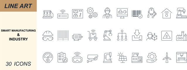 Smart manufacturing and industry vector icon set with minimal line art of robotics, automation, IoT, data, analytics, energy, warehouse, supply chain, and security. Perfect for apps, web, and UI.