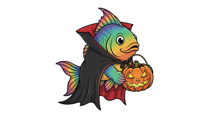 Halloween Fish: A vibrant fish adorned in a Halloween costume and holding a pumpkin pail, offering a whimsical and festive image perfect for spooky season.