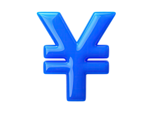 Shiny, three-dimensional, azure glyph of Japanese yen currency symbol