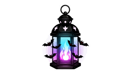 Enchanting Lantern: A captivating illustration of an ornate black lantern, adorned with stylized bats and mystical flame, evoking a sense of mystery and magic. 