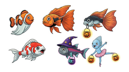 Whimsical Underwater Gathering: A vibrant collection of cartoonish fish, each adorned with charming Halloween accessories, swim together in a playful illustration, ready to bring joy to any occasion.