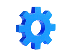 A 3D rendered blue gear icon, centered on a transparent background