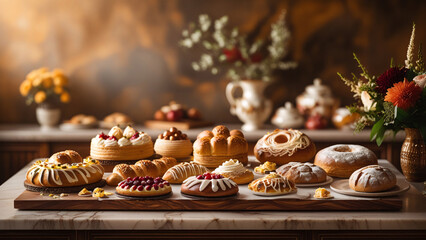 Abundant Assortment Of Deliciously Decorated Sweet Cakes And Pastries On A Rustic Wooden Board