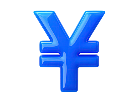 Shiny, three-dimensional, azure glyph of Japanese yen currency symbol