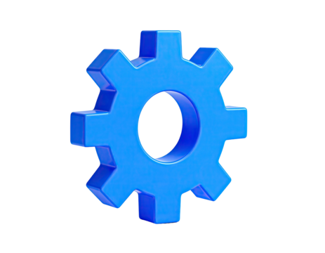 A 3D rendered blue gear icon, centered on a transparent background
