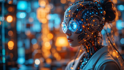 Futuristic Cyborg Woman With Glowing Digital Eyes And Intricate Mechanical Details Against A Bokeh Background Of City Lights