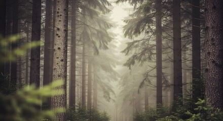 Quiet Misty Pine Forest Path with Tall Trees and Soft Light in Early Morning Atmosphere