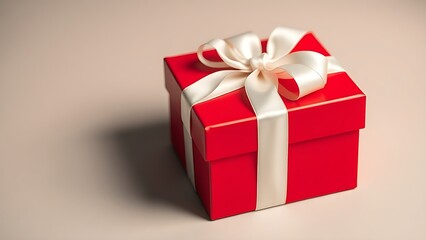 Obraz premium Elegant red gift box with a crisp white ribbon, symbolizing celebration and thoughtfulness.
