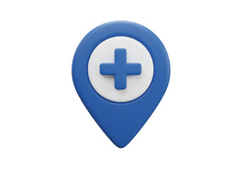 Isolated blue location icon with healthcare plus symbol for mapping or navigation use