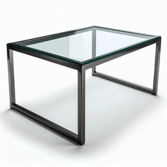 Sleek minimalist coffee table, glass top with metal frame, isolated on white backdrop
