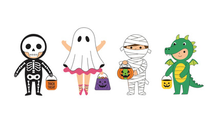Halloween Costume Parade: A whimsical collection of children, dressed as a skeleton, ghost, mummy, and dragon, ready for trick-or-treating. Each carries a pumpkin-shaped candy bucket. 
