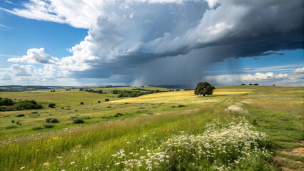 Cows Graze In A Beautiful Green Summer Meadow Under A Blue Sky With White Clouds