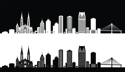 Fototapeta premium Detroit city skyline silhouette illustration with buildings, cathedral, skyscrapers, and bridge, black and white vector design for urban architecture art