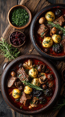 Buckwheat porridge with pieces of meat and mushrooms on a dark wooden background. Top view.