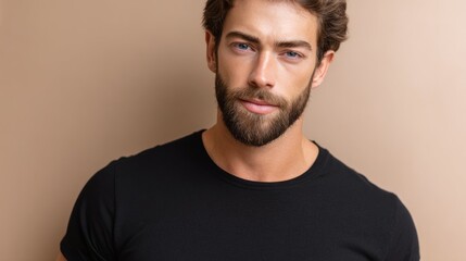 Obraz premium Stylish alternative man with a beard poses against a simple background in a casual setting