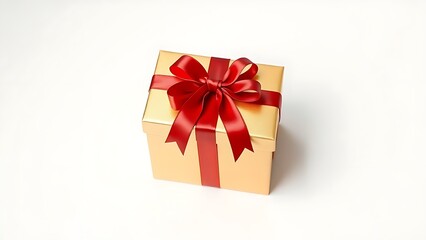 Obraz premium A luxurious gold gift box with a red ribbon, elegantly presented on a clean white background.