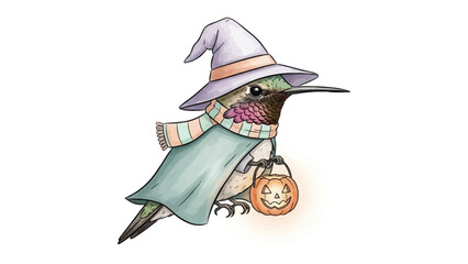 Whimsical Halloween Hummingbird: A charming illustration showcases a hummingbird adorned in a festive witch's hat, cloak, and a pumpkin-shaped lantern, embodying the spirit of Halloween.