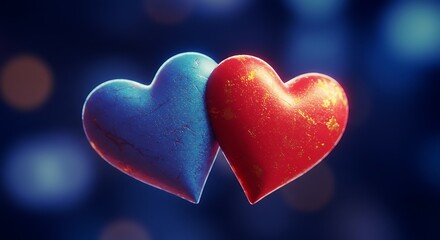 Two linked hearts on blurred background red and blue illustration