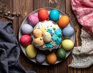 Colorful Easter Eggs and Bread on Wooden Table.