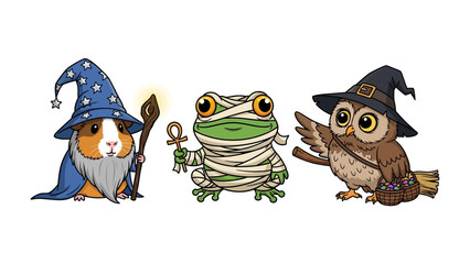 Magical Critters: A charming group of cartoon animals embody the enchanting world of fantasy. A guinea pig wizard, a frog mummy and an owl witch. 